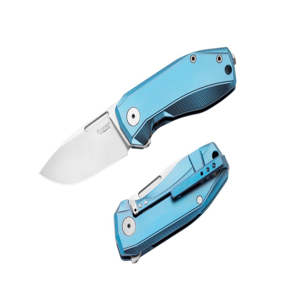 LionSTEEL NANO Titanium Frame Lock Folding Pocket Knife, Magnacut Steel Blade, Solid Handle Construction, Drop Point, Made in Italy (Blue Titanium)