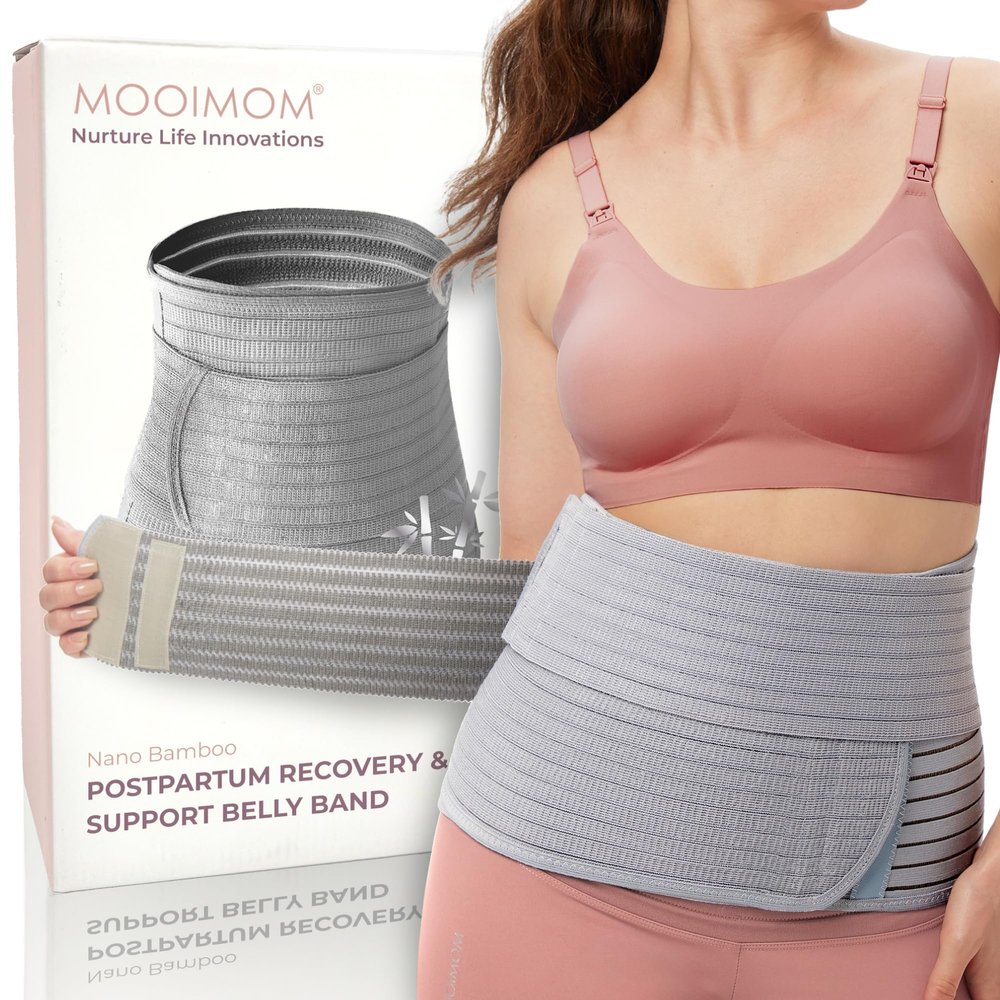 MOOIMOM Postpartum Belly Wrap & Band, Abdominal Binder Post Surgery, C-Section & Hernia Support Belt, Waist & Pelvis Belt for Stomach & Back Pain Relief(Polyester Made with Bamboo Charcoal Fiber)