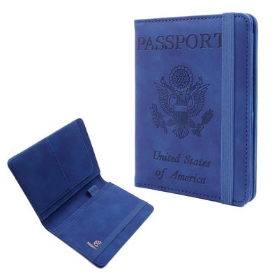 Melsbrinna Premium Leather Passport Holder Covers Case, Waterproof Rfid Blocking Travel Wallet Passport Holder with Pen Holder, Cute Passport Book for Women/Men (Elastic, ELA-Dark blue)