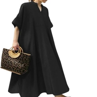 Akivide Women's Summer Casual Cotton Linen Dress 3/4 Sleeve V Neck A-Line Dresses Loose Solid Color Maxi Dress
