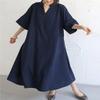 Akivide Women's Summer Casual Cotton Linen Dress 3/4 Sleeve V Neck A-Line Dresses Loose Solid Color Maxi Dress view 3
