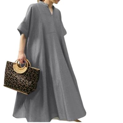 Akivide Women's Summer Casual Cotton Linen Dress 3/4 Sleeve V Neck A-Line Dresses Loose Solid Color Maxi Dress