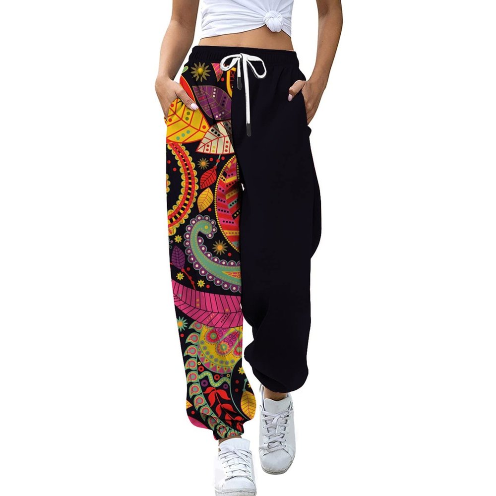 Women's Asymmetrical Print Sweatpants Casual Drawstring Bohemian Trousers Athletic Workout Jogger Pants with Pocket (Red, XL)