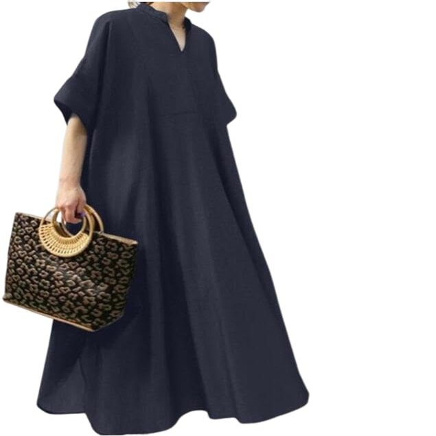 Akivide Women's Summer Casual Cotton Linen Dress 3/4 Sleeve V Neck A-Line Dresses Loose Solid Color Maxi Dress