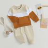 Ursobutegl Toddler Baby Boy Clothes Color Block Sweatshirt Pullover Tops Jogger Pants 2Pcs Fall Winter Sweatsuit Outfit (Apricot-Outfit, 18-24 Months) view 2