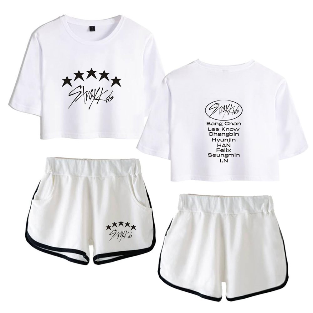 Xkpopfans SKZ 5 Star Shirt + Hot Pants Set Bangchan Woojin Felix Shorts T-Shirt Set White