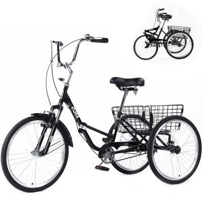 Adult Foldable Tricycle, 20/24/26 Inch Three Wheel Bicycle, Portable Three Wheel Bicycles Cruise Trike with Shopping Basket for Adults, Women, Men, Seniors (24in, Black)