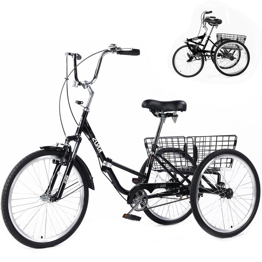Adult Foldable Tricycle, 20/24/26 Inch Three Wheel Bicycle, Portable Three Wheel Bicycles Cruise Trike with Shopping Basket for Adults, Women, Men, Seniors (24in, Black)