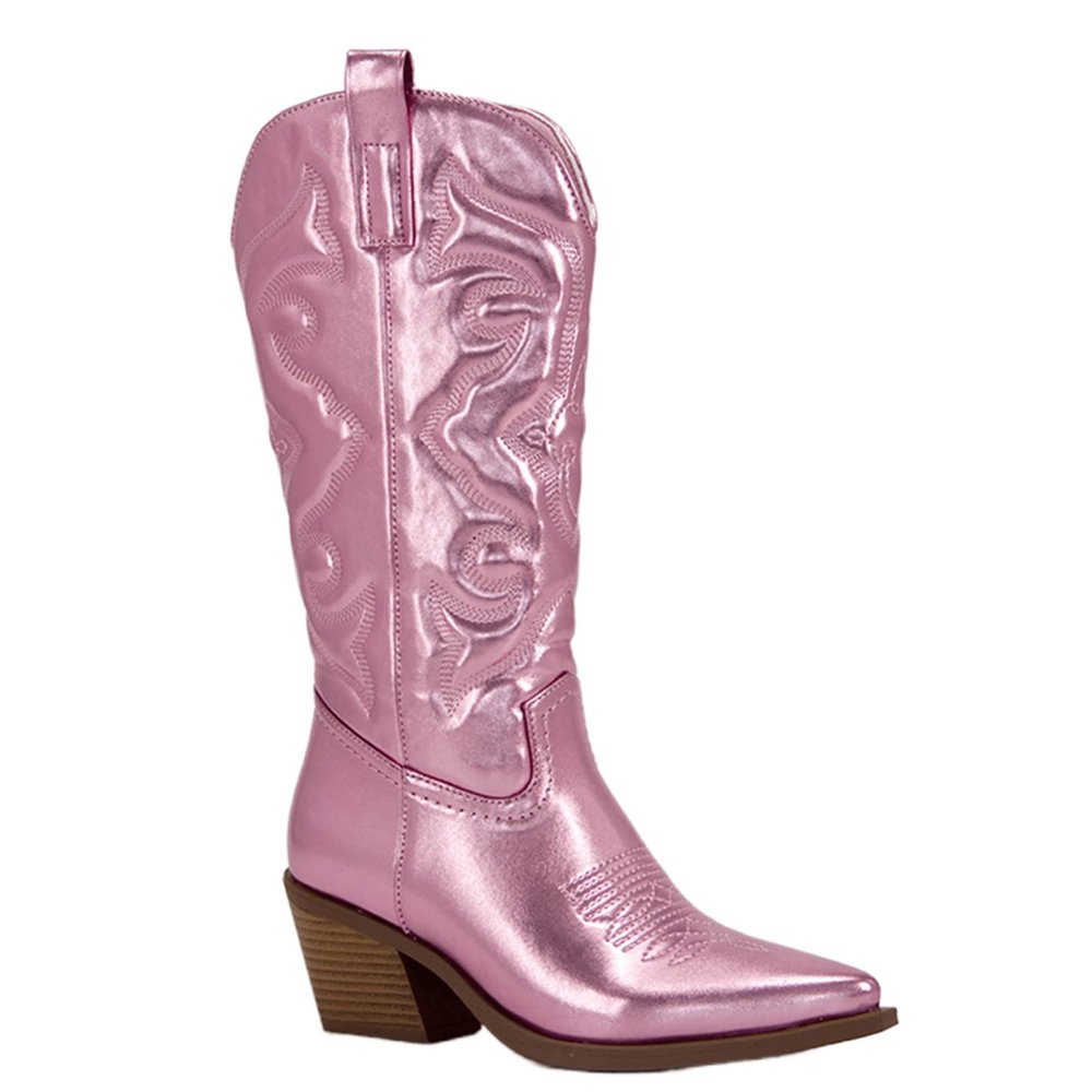 Ladmiple Boots For Women Black And Pink Embroidered Cowboy Boots for Women, Fashion Western Pointed Toe Chunky Heel Pull-On Knee High Cowgirl Boots