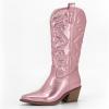 Ladmiple Boots For Women Black And Pink Embroidered Cowboy Boots for Women, Fashion Western Pointed Toe Chunky Heel Pull-On Knee High Cowgirl Boots view 2