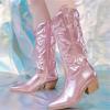 Ladmiple Boots For Women Black And Pink Embroidered Cowboy Boots for Women, Fashion Western Pointed Toe Chunky Heel Pull-On Knee High Cowgirl Boots view 3