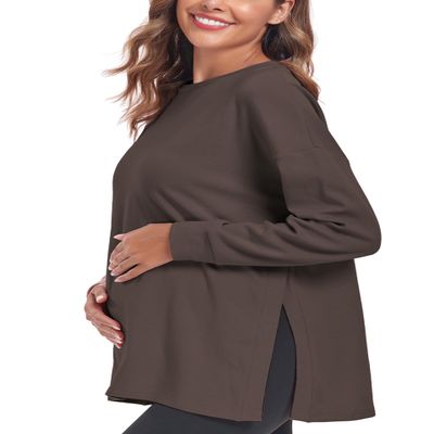 Ecavus Women's Casual Maternity Shirts Long Sleeve Soft and Comfy Pregnancy Tee Tops Side Split Maternity Clothes Grey