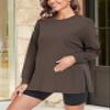 Ecavus Women's Casual Maternity Shirts Long Sleeve Soft and Comfy Pregnancy Tee Tops Side Split Maternity Clothes Grey view 2
