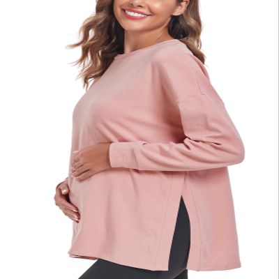 Ecavus Women's Casual Maternity Shirts Long Sleeve Soft and Comfy Pregnancy Tee Tops Side Split Maternity Clothes Dusty Pink