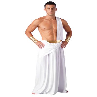 QinCiao Men's Halloween Costume One Shoulder Ancient Greek Long Skirt Cosplay Outfits Toga Robe White Medium