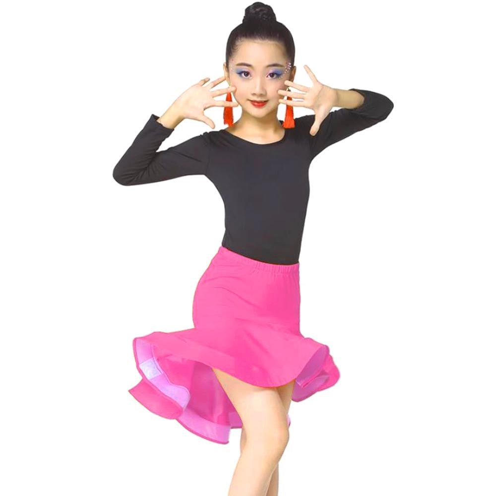 Girls Latin Dance Top with Skirt 2 Piece Set Ruffle Samba Tango Practice Dancewear Skirt(Pink 6-7T)