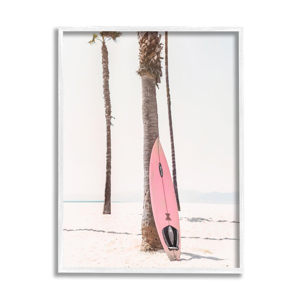 Stupell Industries Pink Surfboard on Coast White Framed Giclee Art Design by Sisi and Seb
