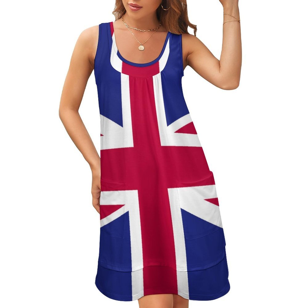 TAIZIYEAH Dresses for Women British Flag Print Casual Sleeveless U-neck Fake Two Piece Dress Summer Dresses XL