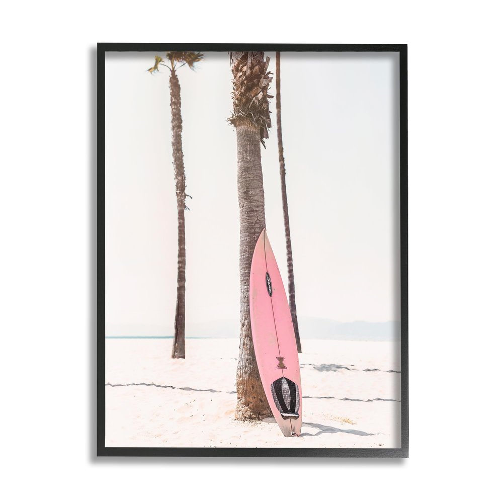 Stupell Industries Pink Surfboard on Coast Black Framed Giclee Art Design by Sisi and Seb