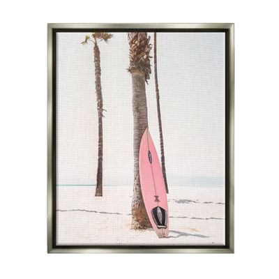 Stupell Industries Pink Surfboard on Coast Gray Framed Floater Canvas Wall Art Design by Sisi and Seb