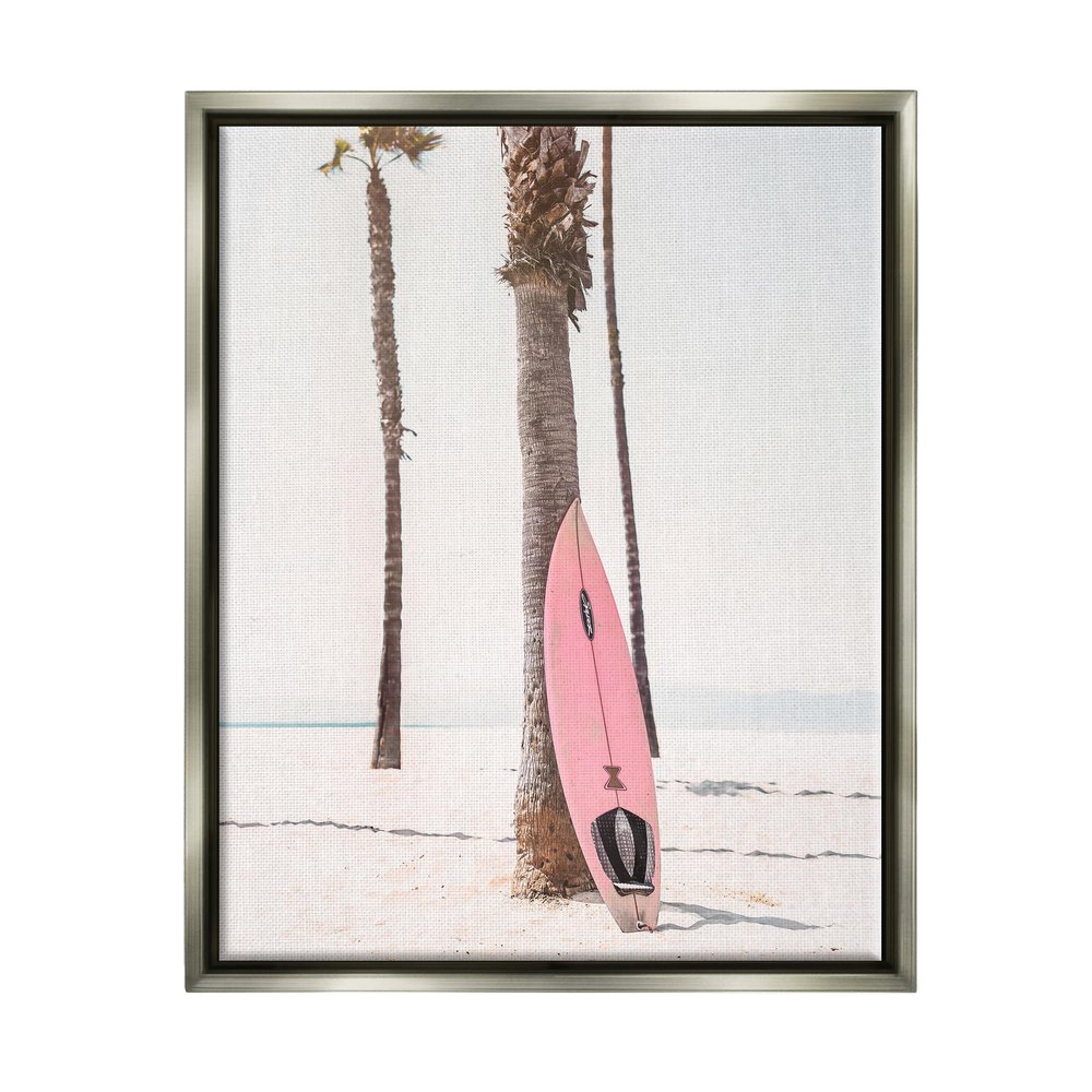 Stupell Industries Pink Surfboard on Coast Gray Framed Floater Canvas Wall Art Design by Sisi and Seb