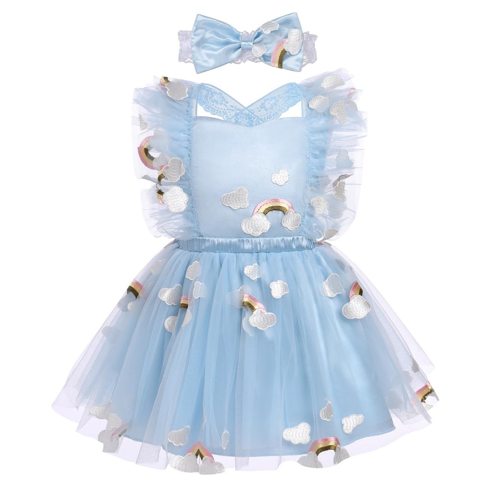 Baby Blue Birthday Dress for Girl Clouds Backless Tulle Princess Dresses Rainbow 1st Birthday Outfit Girl Blue Clouds 18-24 Months