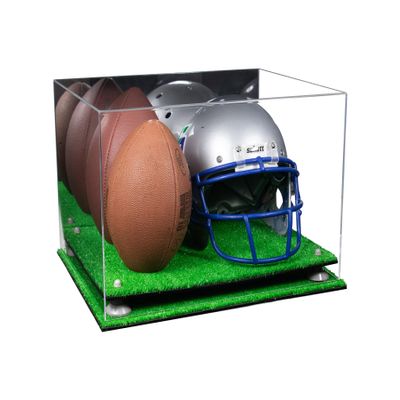 Better Display Cases Acrylic Double Football and Helmet Display Case - Large Rectangle Box with Mirror, White Risers and Turf Base 18" x 14" x 12" (A014/B60)
