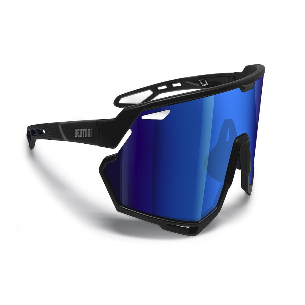 Bertoni Sport Cycling MTB Running Sunglasses for Men Women in TR90 100% UV Block mod. ALPHA (Matt Black/Shiny Black  Blue Mirror Lens)