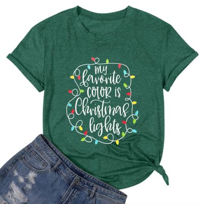 My Favorite Color is Christmas Lights Shirts Christmas Shirts for Women 2025 Xmas Holidays Short Sleeve Tee Tops Green XL