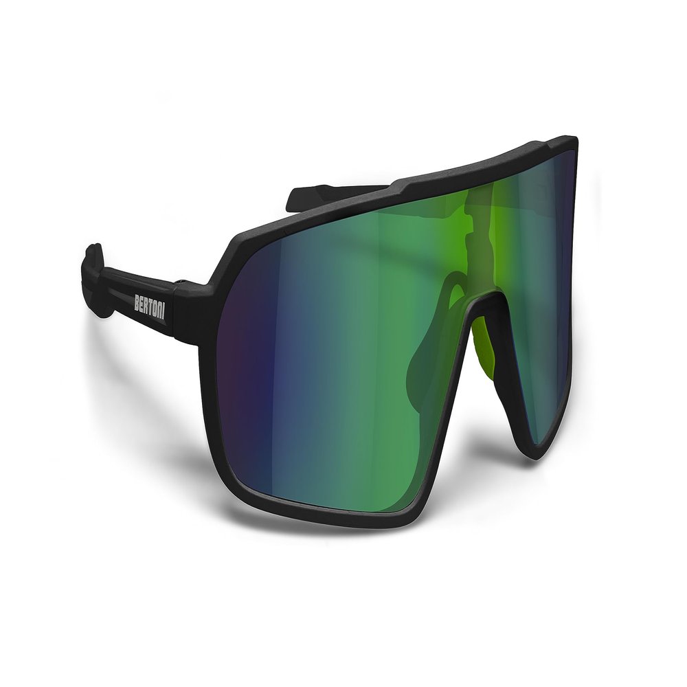 Bertoni Sport Cycling MTB Running Sunglasses for Men Women in TR90 Wide Antifog Lens mod. GEMINI (Matt Black/Shiny Black  Green Mirror Lens)