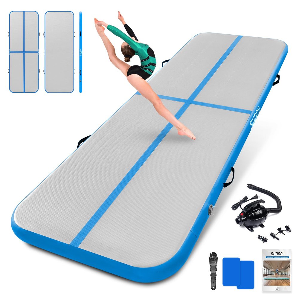 SUDOO 16ft Inflatable Gymnastics Tumbling Mat 4" Thick Air Tumble Track Gymnastics Training Mat with Electric Air Pump for Home Use/Tumble/Gym/Exercise/Training/Cheerleading/Yoga/Beach/Water (5M Blue)