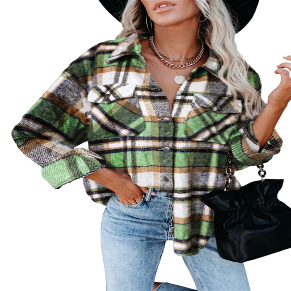 Womens Casual Plaid Shacket Button Down Long Sleeve Shirt Jacket 2023 Long Sleeve Jackets Flannel Shirts Boyfriend A-Green