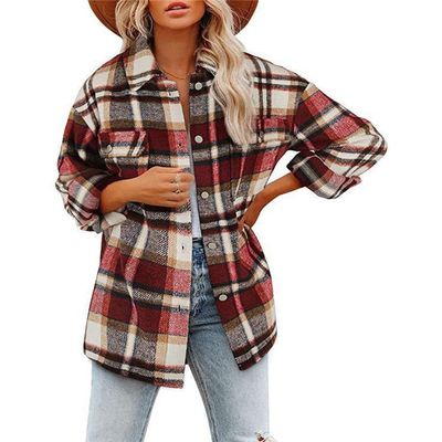 Womens Casual Plaid Shacket Button Down Long Sleeve Shirt Jacket 2023 Long Sleeve Jackets Flannel Shirts Boyfriend B-red