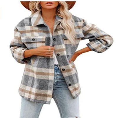 Womens Casual Plaid Shacket Button Down Long Sleeve Shirt Jacket 2023 Long Sleeve Jackets Flannel Shirts Boyfriend B-Khaki