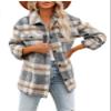 Womens Casual Plaid Shacket Button Down Long Sleeve Shirt Jacket 2023 Long Sleeve Jackets Flannel Shirts Boyfriend B-Khaki view 1