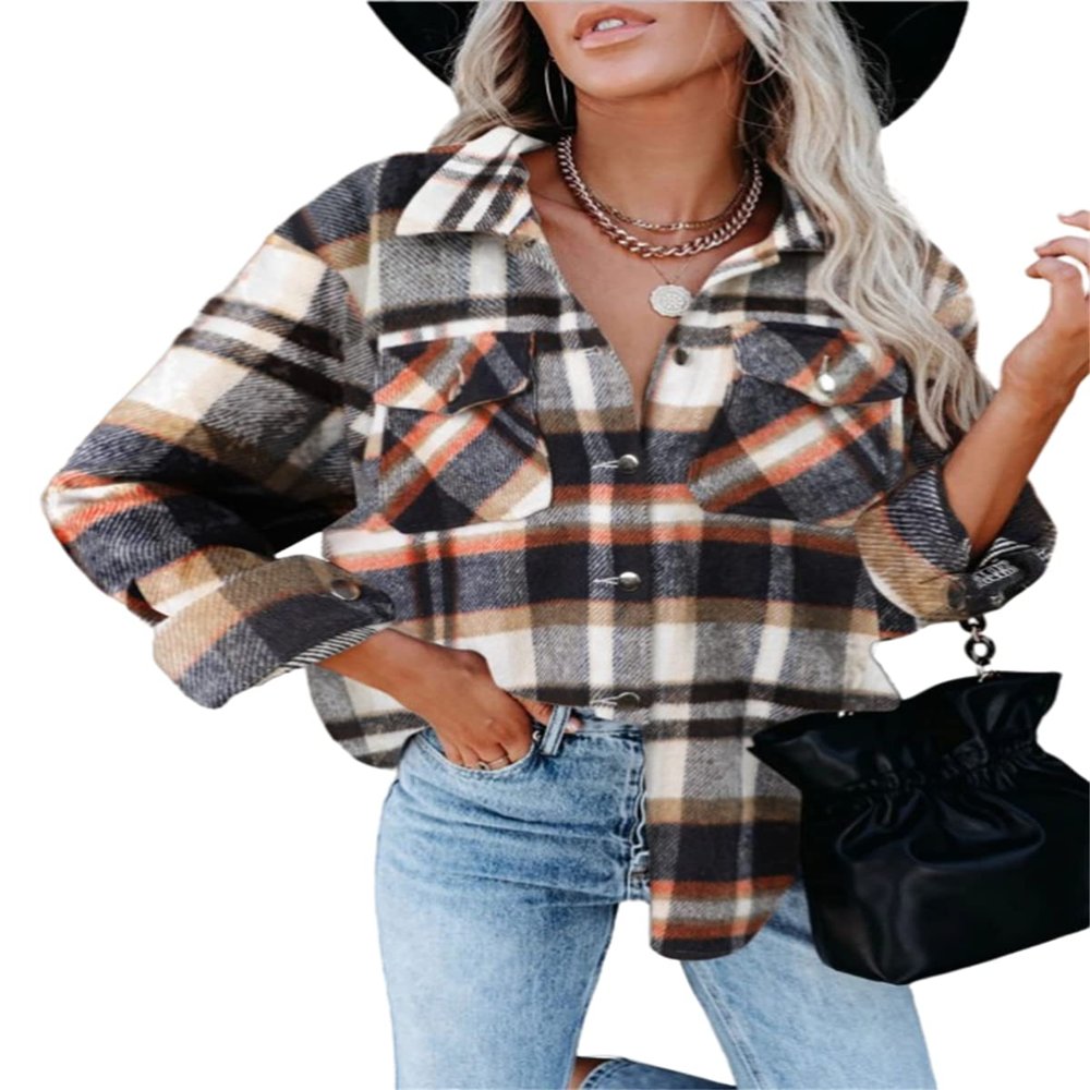 Womens Casual Plaid Shacket Button Down Long Sleeve Shirt Jacket 2023 Long Sleeve Jackets Flannel Shirts Boyfriend A-Orange