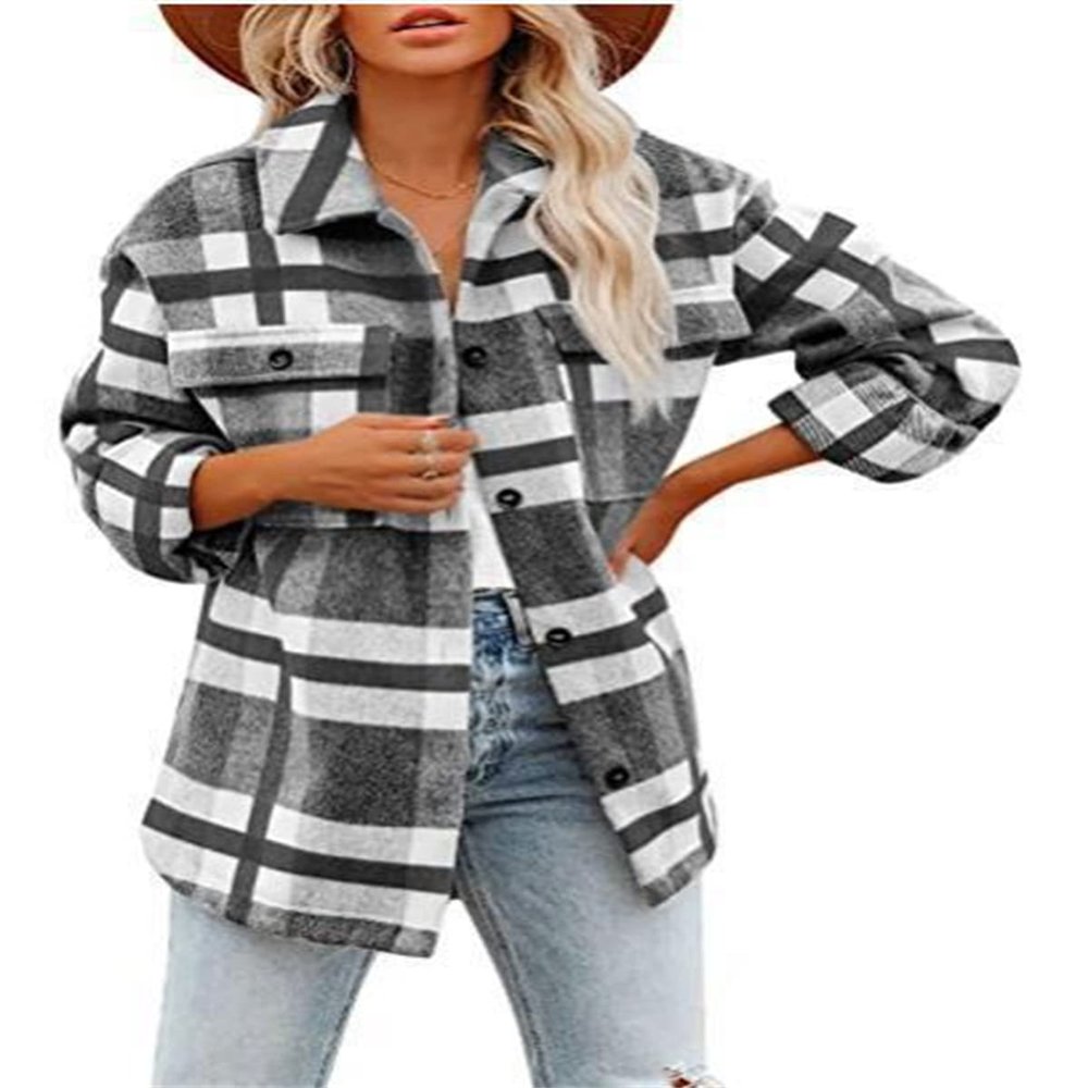 Womens Casual Plaid Shacket Button Down Long Sleeve Shirt Jacket 2023 Long Sleeve Jackets Flannel Shirts Boyfriend B-Gray