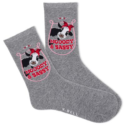 K.Bell Women's Mooody & Sassy Crew Sock 1 Pair Pack, Grey, Women's Shoe Size 4-10