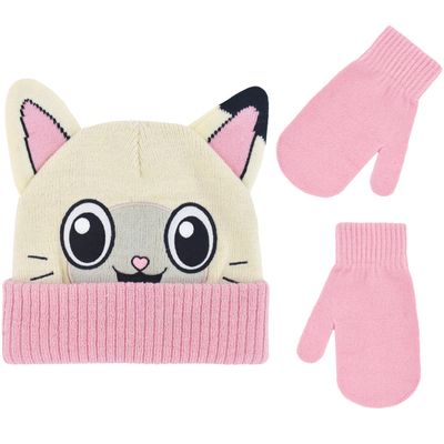 DreamWorks Gabby's Dollhouse Kids Beanie Hat and Gloves Set, Pandy Paws Cuff Winter Knit Cap with Mittens and 3D Ears, Multicolor