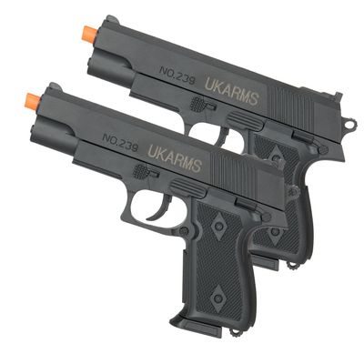 2 Pack of Polymer Spring Operated 7" Inch BB Airsoft Pistol-Intended for Film and Costume use.