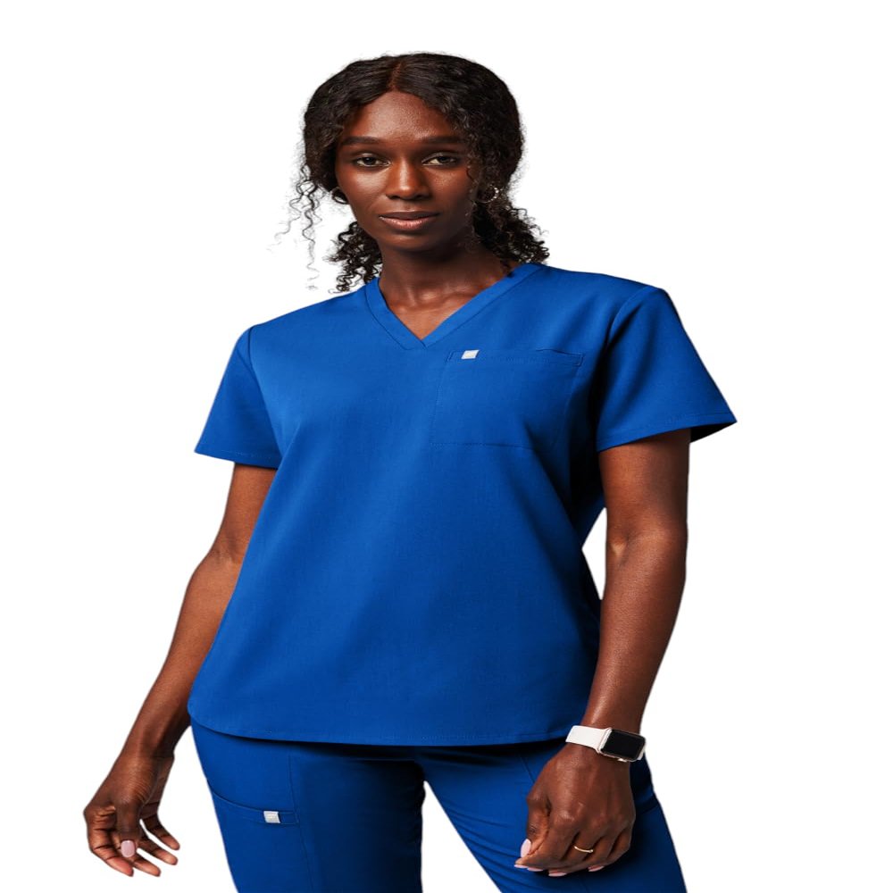 Fabletics Women's Vital 1-Pocket Scrub Top - MotionTech, Wrinkle-Resist, Chest Pocket, Anti-Shrink, Semi-Slim Fit,2X, Royal Blue
