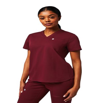 Fabletics Women's Vital 1-Pocket Scrub Top - MotionTech, Wrinkle-Resist, Chest Pocket, Anti-Shrink, Semi-Slim Fit, M, Wine