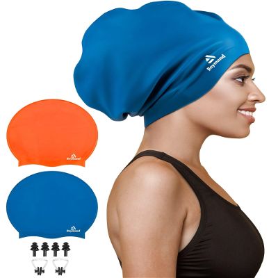 2 Pack Extra Large Swim Cap for Braids and Dreadlocks, Silicone Swimming Caps for Long Hair, Weaves, Extensions, Curls & Afros, Waterproof Adult Swim Hats Bathing Caps for Women Men(Orange+Navy)