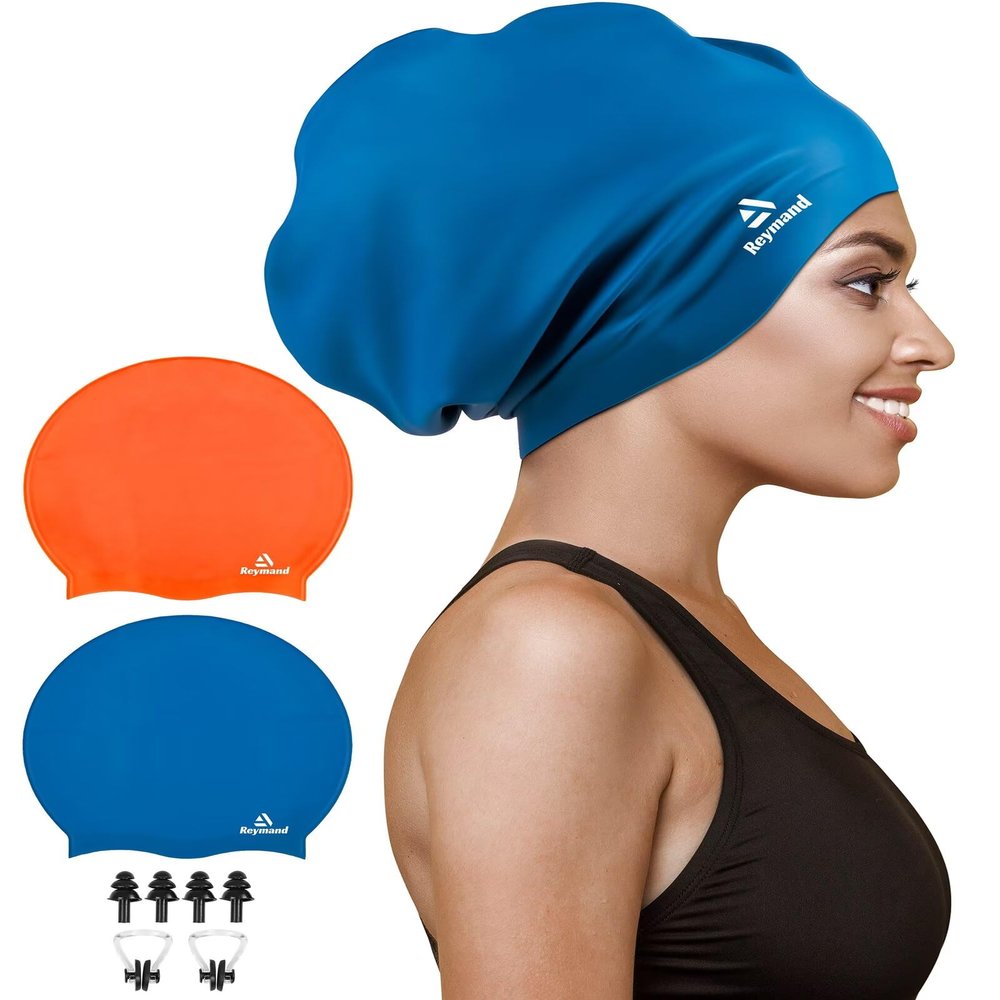 2 Pack Extra Large Swim Cap for Braids and Dreadlocks, Silicone Swimming Caps for Long Hair, Weaves, Extensions, Curls & Afros, Waterproof Adult Swim Hats Bathing Caps for Women Men(Orange+Navy)