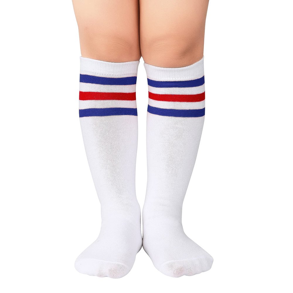 Kids Girls Athletic Socks Soccer Softball Baseball Socks Striped Tube Socks Knee High 1 Pack White Blue Red