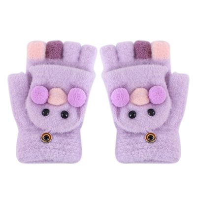 Kids Fingerless Mittens Flip Convertible Mittens Winter Knitted Gloves Cartoon Style Cotton Ski Warm (Purple, One Size)