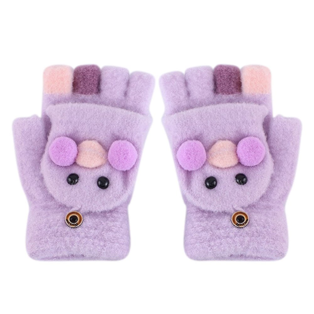 Kids Fingerless Mittens Flip Convertible Mittens Winter Knitted Gloves Cartoon Style Cotton Ski Warm (Purple, One Size)