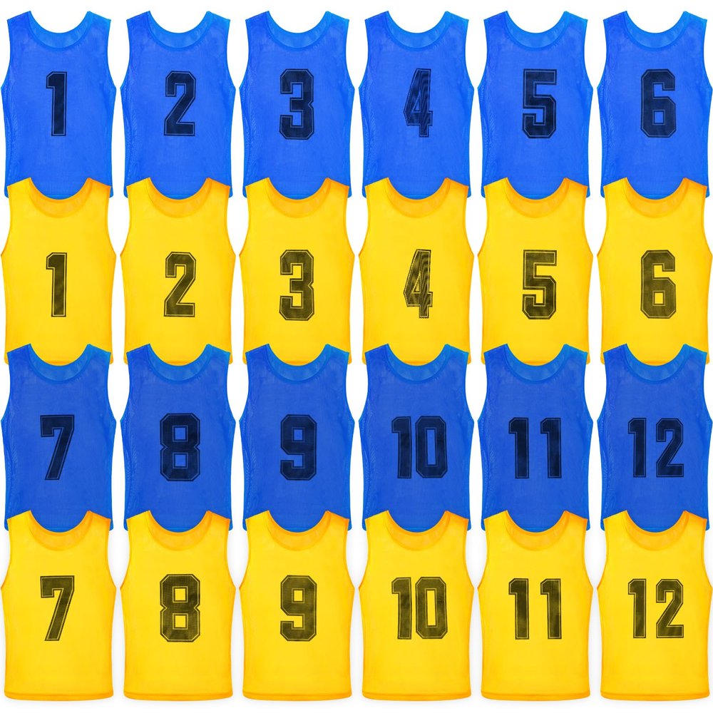 Vabean 24 Pack Nylon Mesh Scrimmage Team Practice Vests Pinnies Jerseys Train Vest for Adult Sport Basketball Soccer Football (Yellow, Light Blue)