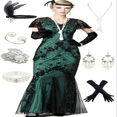 1920s Short Sleeve Floral Sequins Fringe Long Gatsby Flapper Formal Maxi Gown Cocktail Dresses w/Accessories Set Black Green
