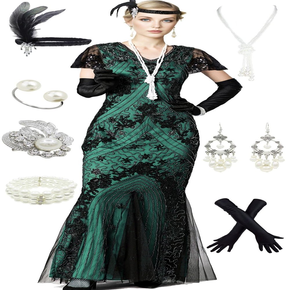 1920s Short Sleeve Floral Sequins Fringe Long Gatsby Flapper Formal Maxi Gown Cocktail Dresses w/Accessories Set Black Green